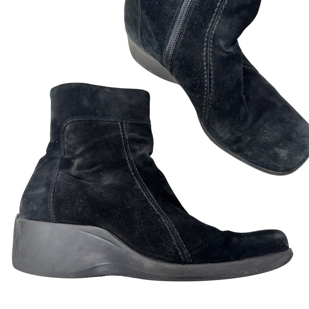 C La Canadienne Black Suede Platform Boots Womens 9.5 Ankle Booties Square Toe